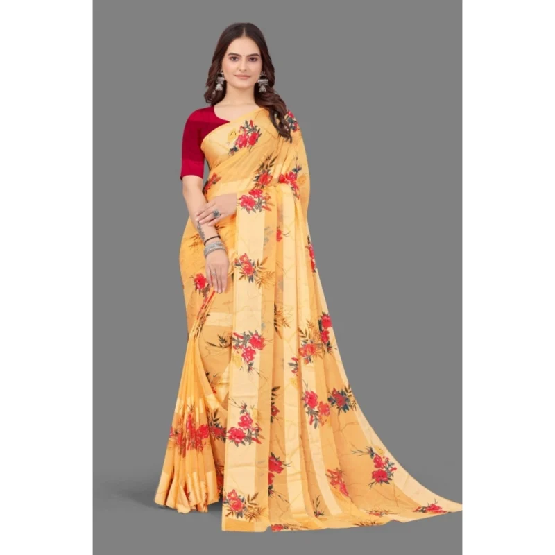 Generic Women's Satin Patta Printed Saree With Unstitched Blouse (Beige) - Image 2