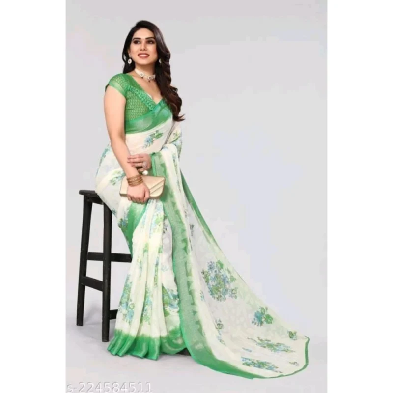 Generic Women's Viscose Rayon Printed Saree With Unstitched Blouse (Green) - Image 2