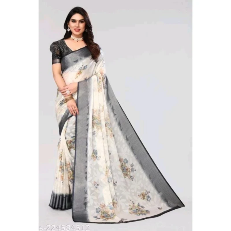 Generic Women's Viscose Rayon Printed Saree With Unstitched Blouse (Black) - Image 4
