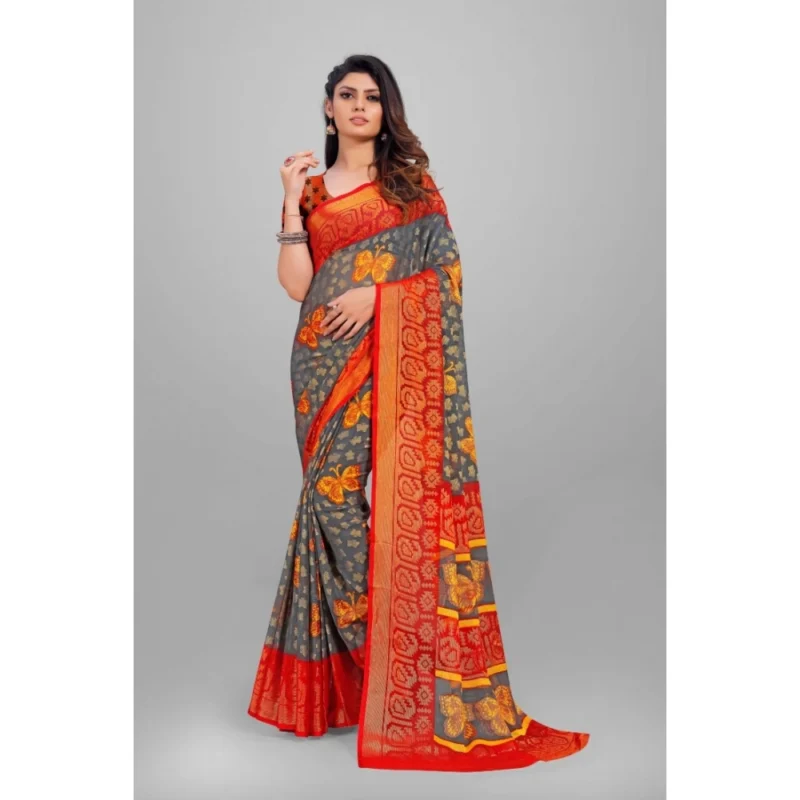 Generic Women's Viscose Rayon Printed Saree With Unstitched Blouse (Grey) - Image 4