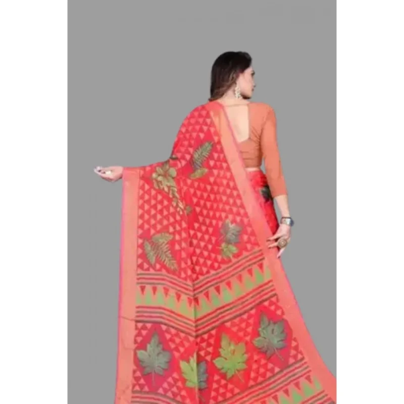 Generic Women's Viscose Rayon Printed Saree With Unstitched Blouse (Red) - Image 2