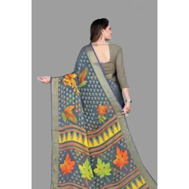 Generic Women's Viscose Rayon Printed Saree With Unstitched Blouse (Grey) - Image 2