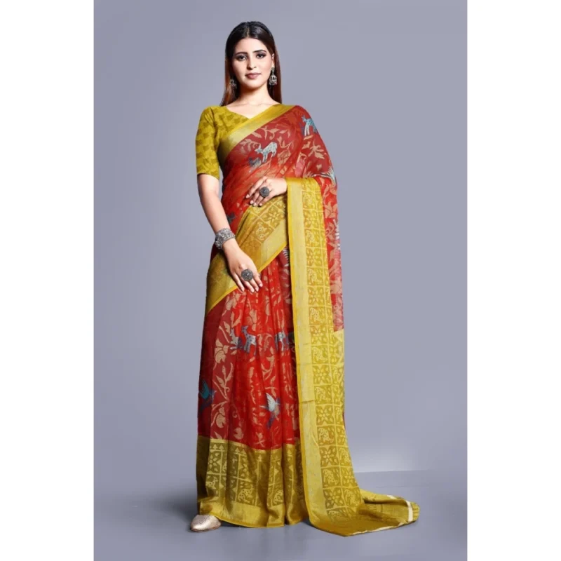 Generic Women's Viscose Rayon Printed Saree With Unstitched Blouse (Red) - Image 5