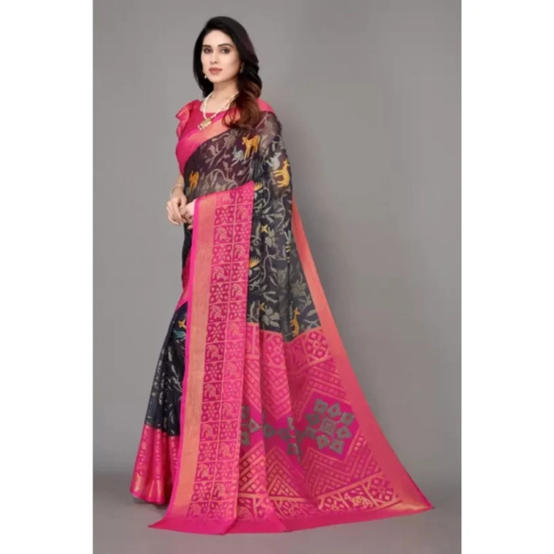 Generic Women's Viscose Rayon Printed Saree With Unstitched Blouse (Navy Blue) - Image 3