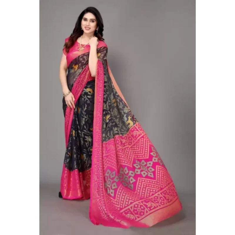 Generic Women's Viscose Rayon Printed Saree With Unstitched Blouse (Navy Blue) - Image 4