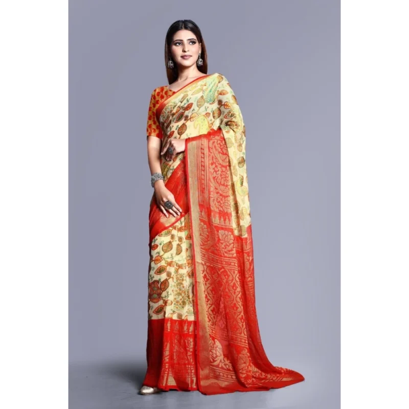 Generic Women's Viscose Rayon Printed Saree With Unstitched Blouse (Red) - Image 4