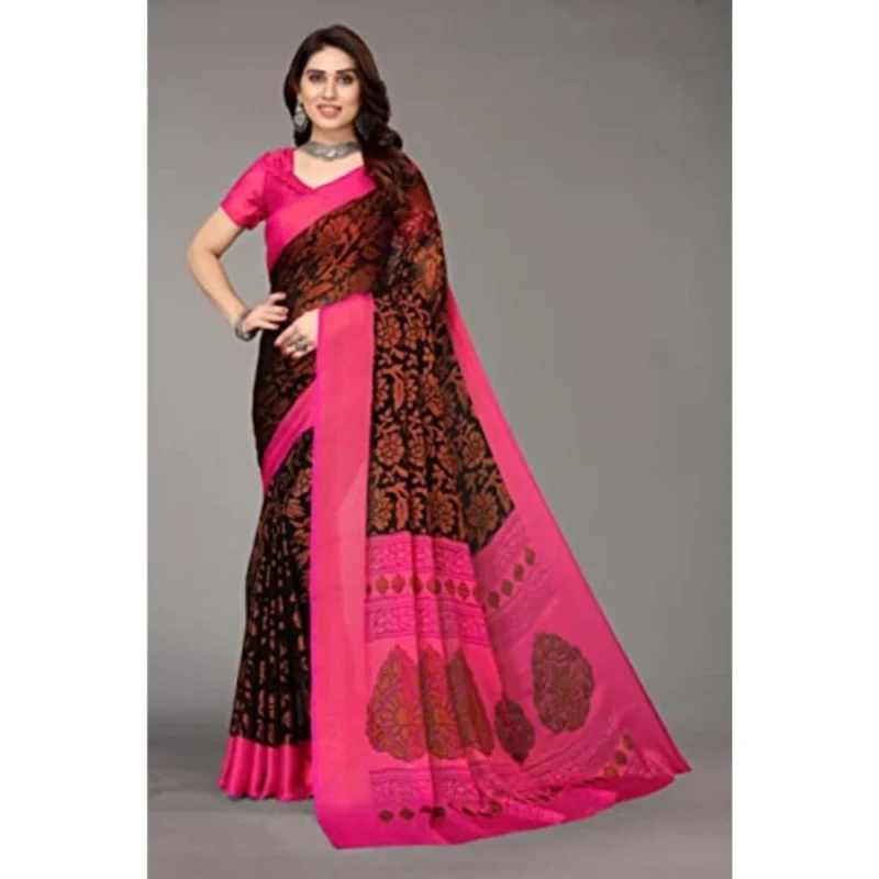 Generic Women's Viscose Rayon Printed Saree With Unstitched Blouse (Black) - Image 5