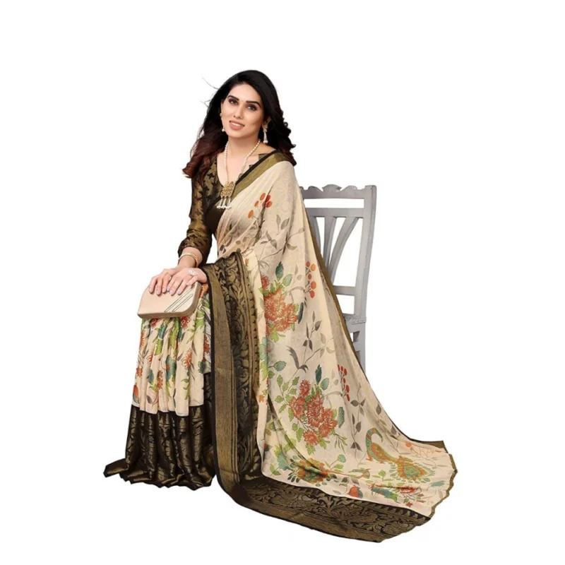 Generic Women's Viscose Rayon Printed Saree With Unstitched Blouse (Black) - Image 2