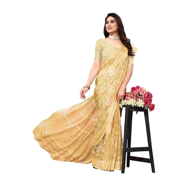Generic Women's Viscose Rayon Printed Saree With Unstitched Blouse (Yellow) - Image 2