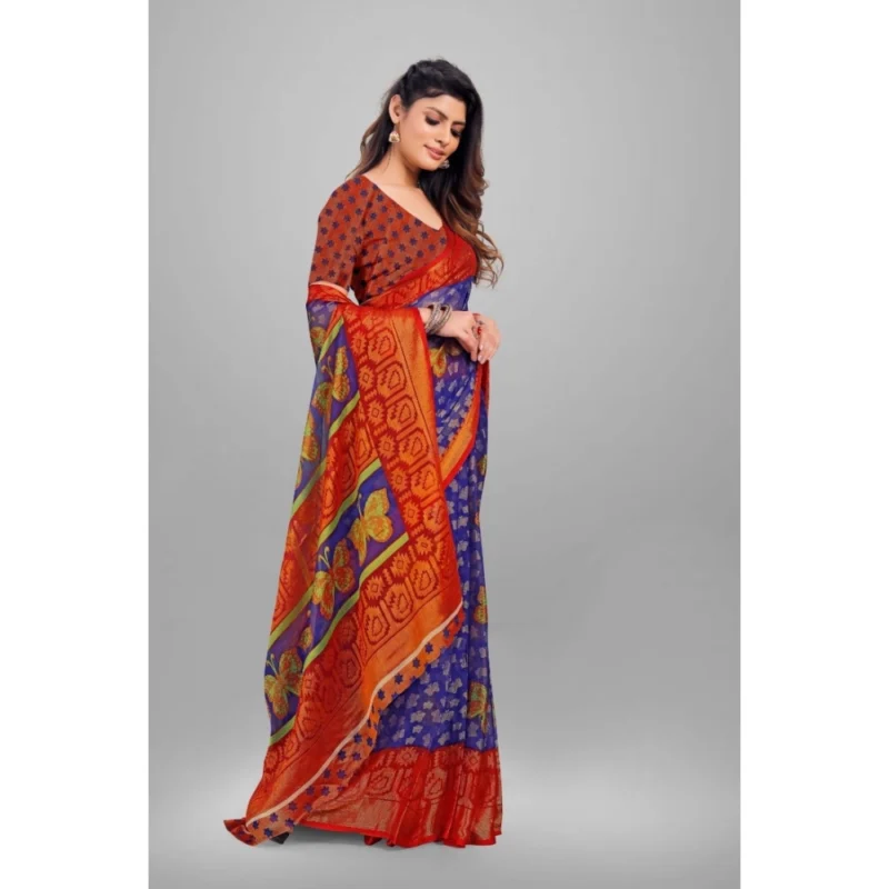 Generic Women's Viscose Rayon Printed Saree With Unstitched Blouse (Blue) - Image 2