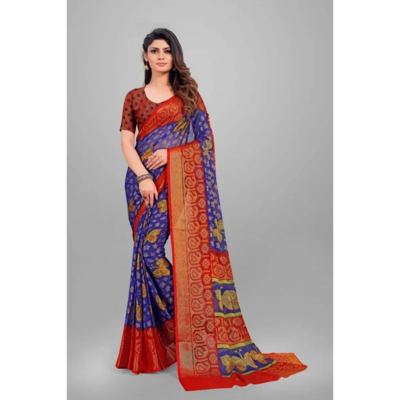 Generic Women's Viscose Rayon Printed Saree With Unstitched Blouse (Blue) - Image 4