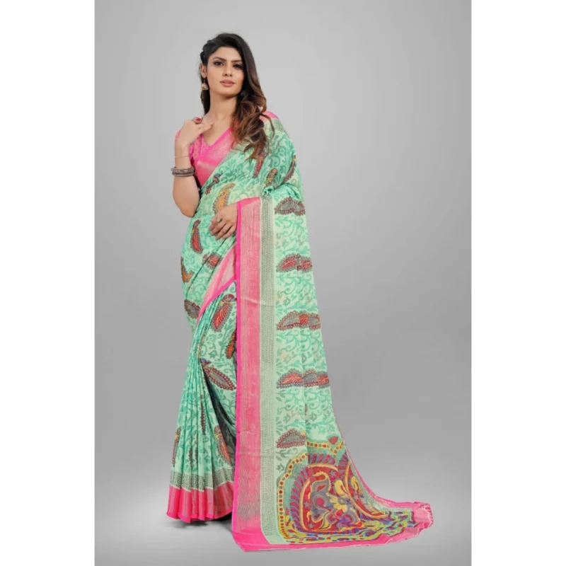Generic Women's Viscose Rayon Printed Saree With Unstitched Blouse (Teal) - Image 6