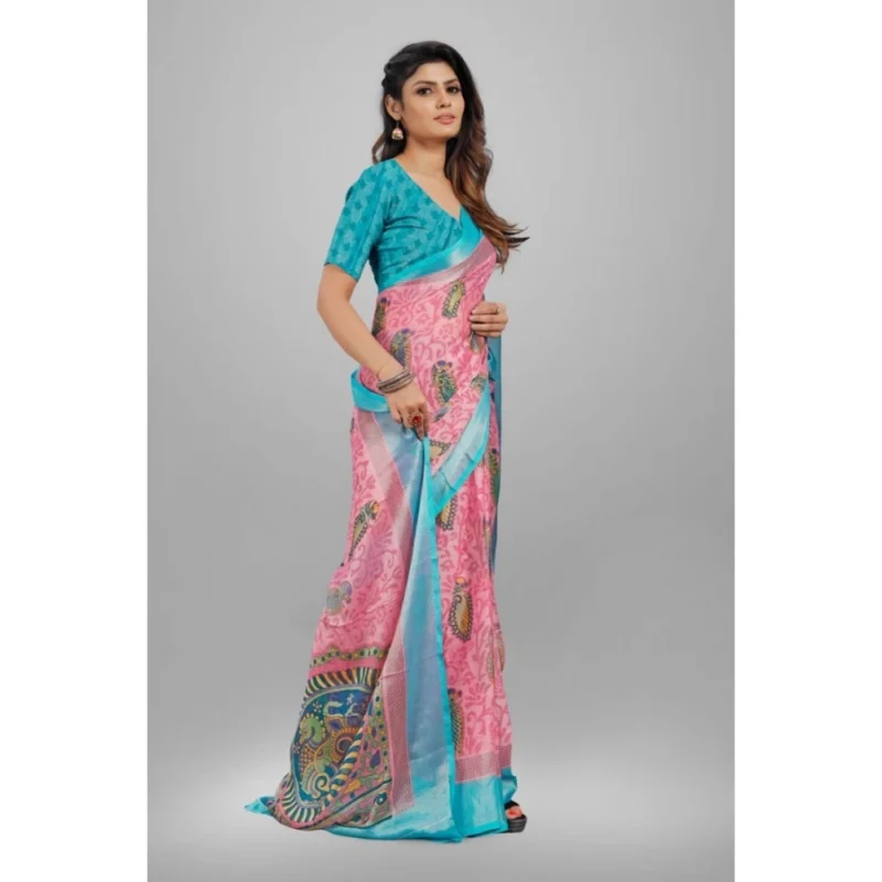 Generic Women's Viscose Rayon Printed Saree With Unstitched Blouse (Pink) - Image 3