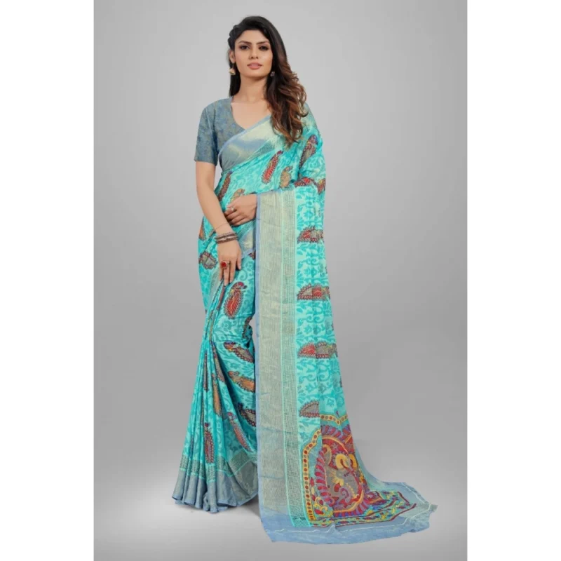 Generic Women's Viscose Rayon Printed Saree With Unstitched Blouse (Sky Blue) - Image 6