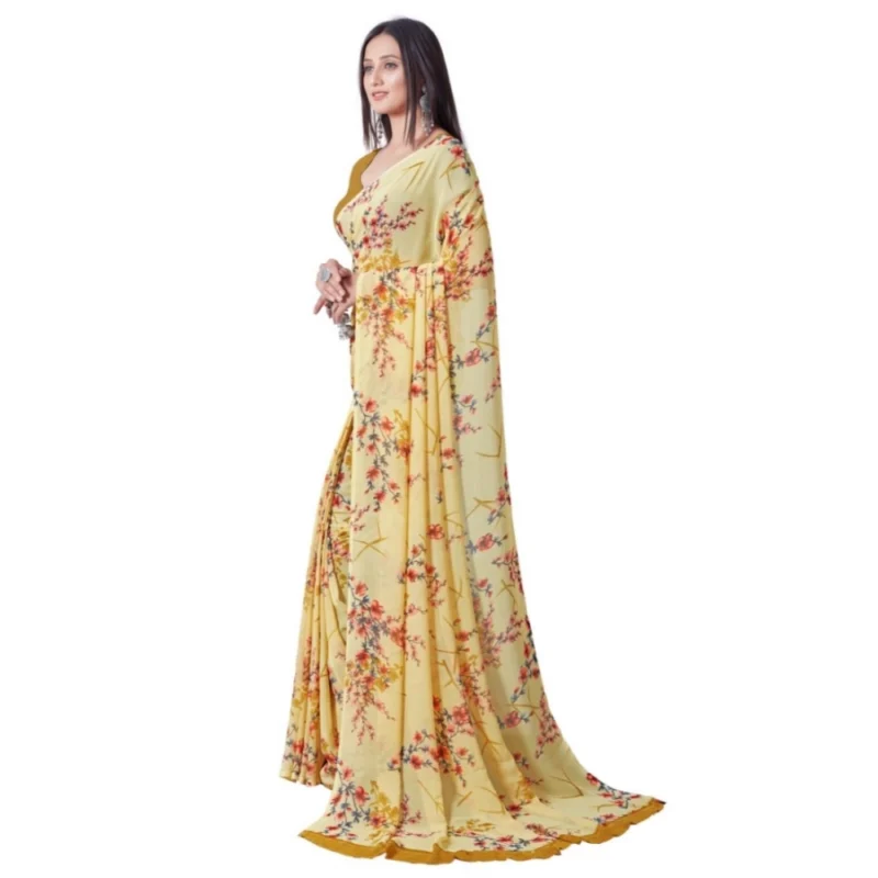 Generic Women's Georgette Printed Saree With Unstitched Blouse (Yellow) - Image 3