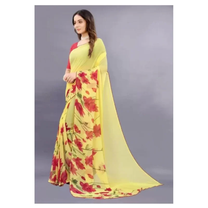 Generic Women's Georgette Printed Saree With Unstitched Blouse (Yellow) - Image 3