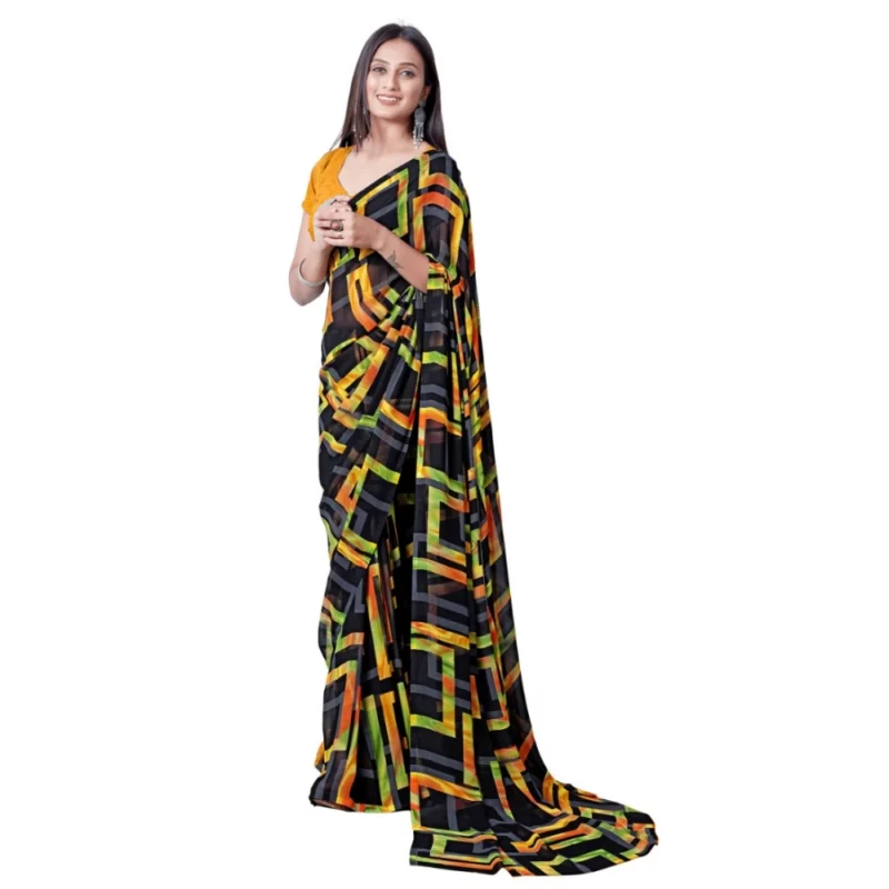 Generic Women's Georgette Printed Saree With Unstitched Blouse (Yellow) - Image 3
