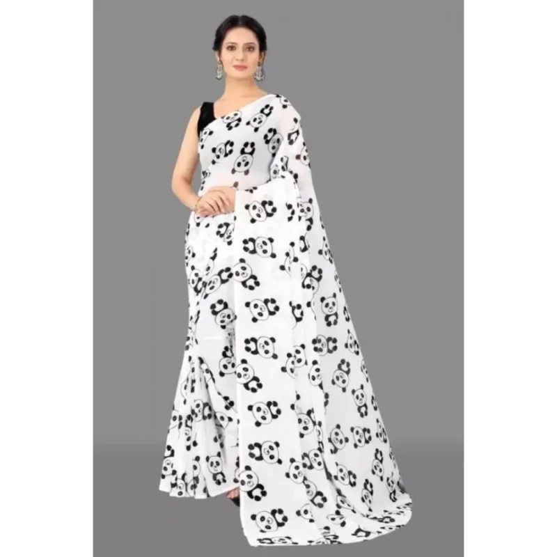 Generic Women's Georgette Printed Saree With Unstitched Blouse (White) - Image 4