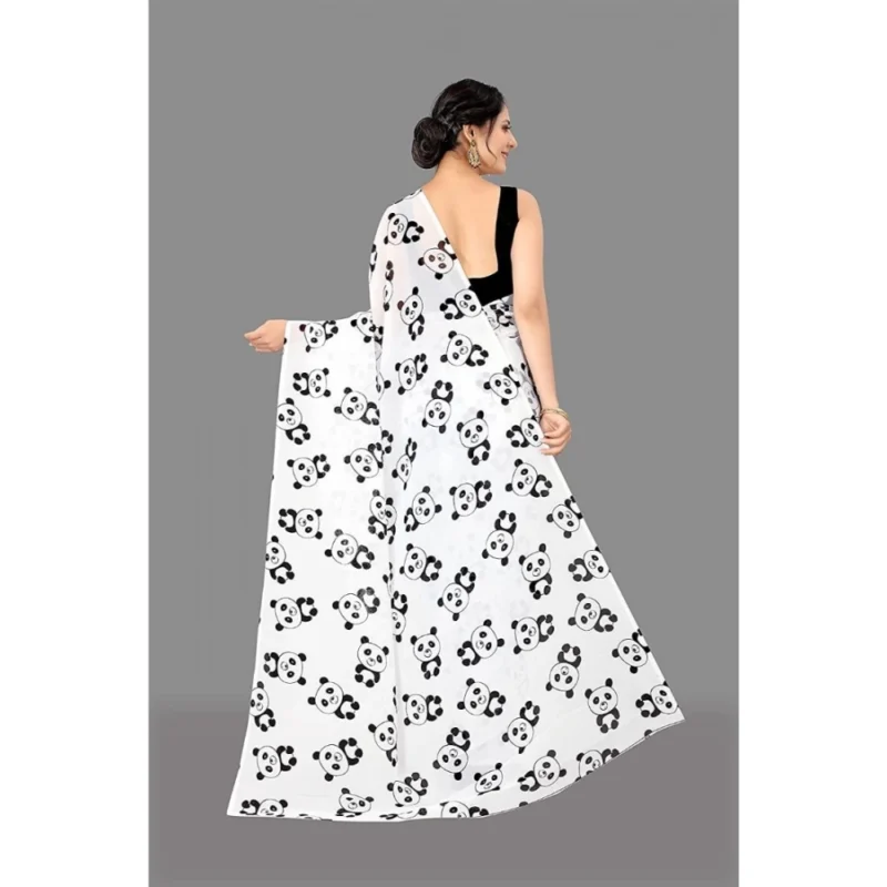 Generic Women's Georgette Printed Saree With Unstitched Blouse (White) - Image 2