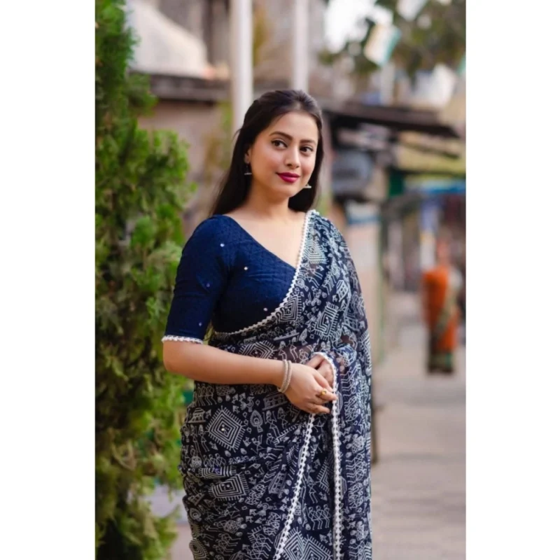 Generic Women's Georgette Printed Saree With Unstitched Blouse (Navyblue) - Image 2
