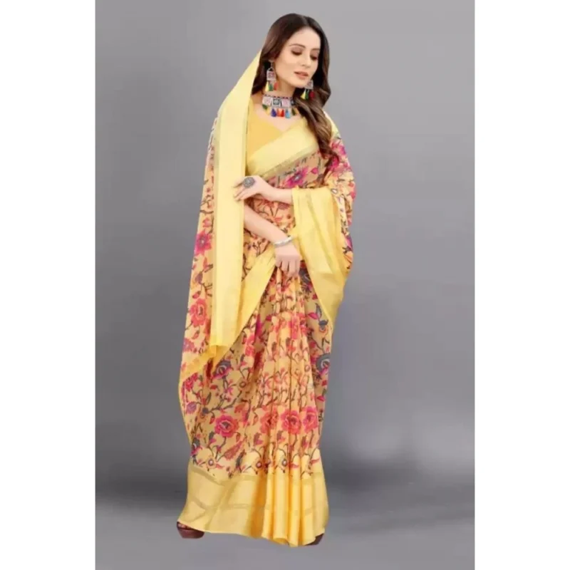Generic Women's Satin Patta Printed Saree With Unstitched Blouse (Yellow) - Image 4