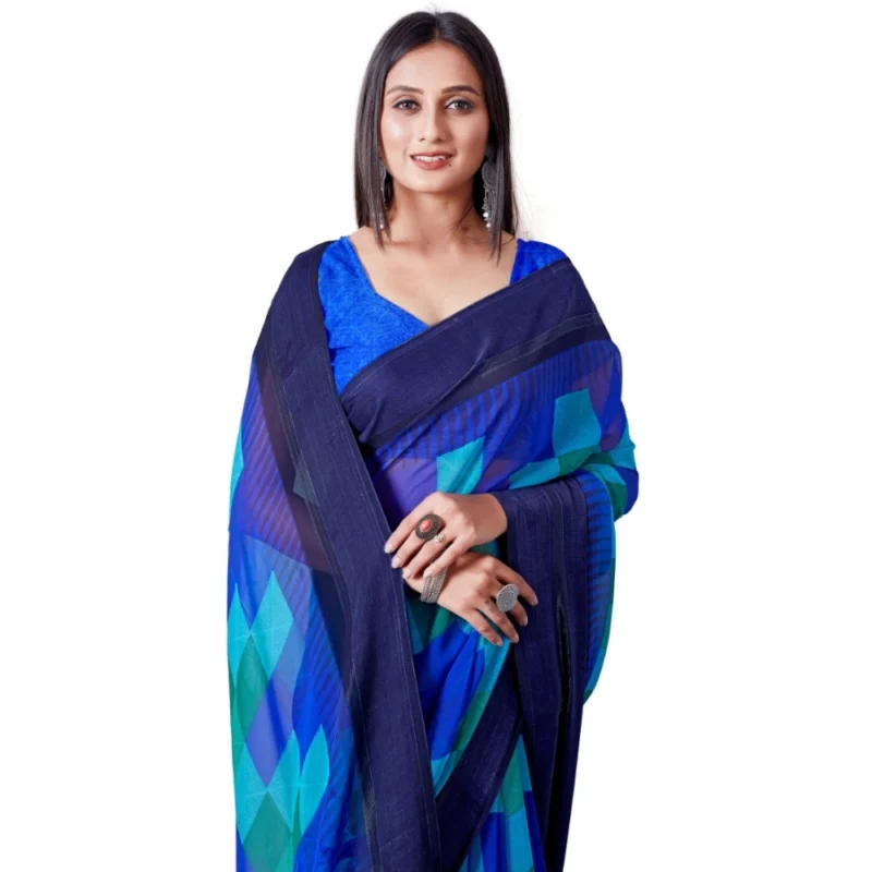 Generic Women's Satin Patta Printed Saree With Unstitched Blouse (Skyblue) - Image 3