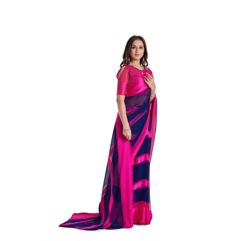 Generic Women's Satin Patta Printed Saree With Unstitched Blouse (Pink) - Image 3