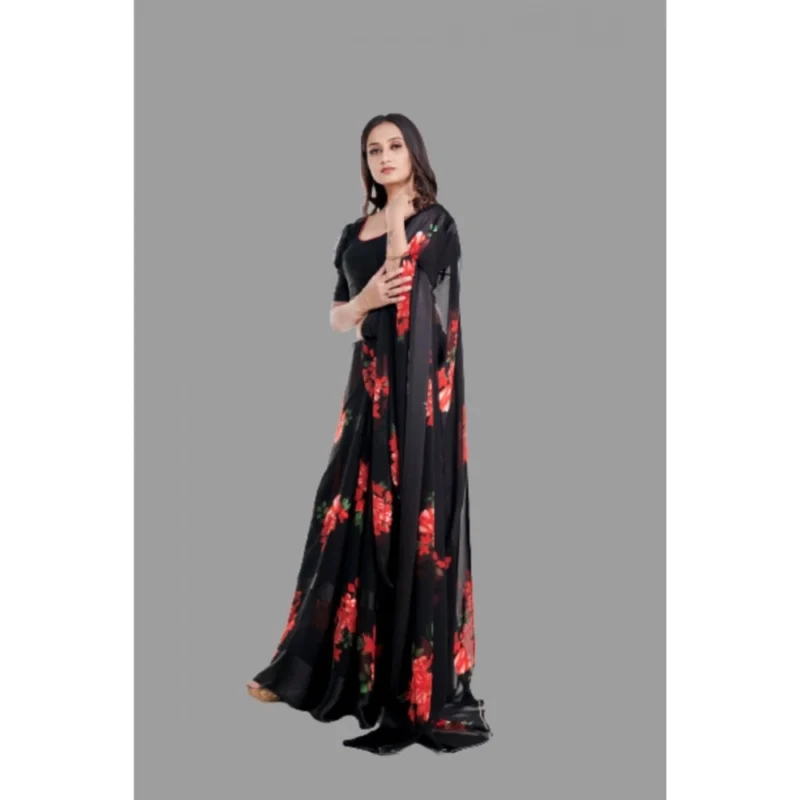 Generic Women's Satin Patta Printed Saree With Unstitched Blouse (Red) - Image 2