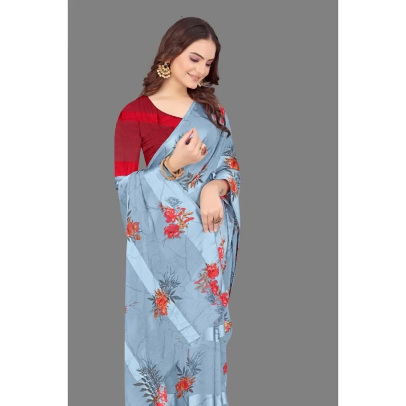 Generic Women's Satin Patta Printed Saree With Unstitched Blouse (Grey) - Image 3