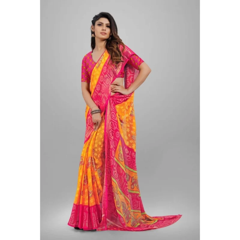 Generic Women's Viscose Rayon Printed Saree With Unstitched Blouse (Yellow) - Image 4