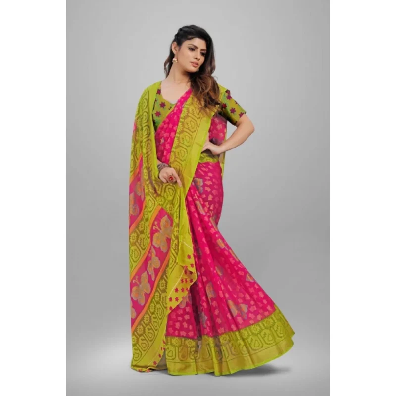 Generic Women's Viscose Rayon Printed Saree With Unstitched Blouse (Pink) - Image 2