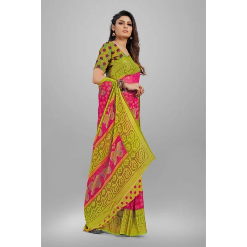 Generic Women's Viscose Rayon Printed Saree With Unstitched Blouse (Pink) - Image 4