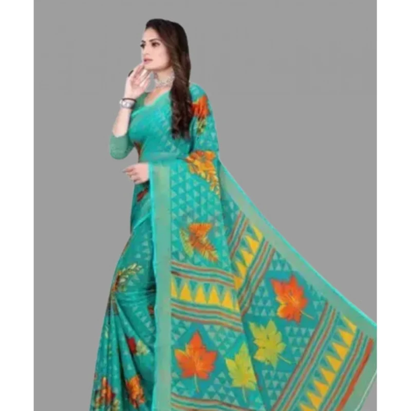 Generic Women's Viscose Rayon Printed Saree With Unstitched Blouse (Teal) - Image 3