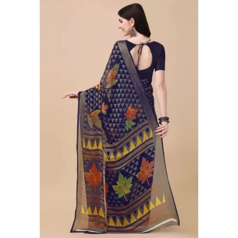 Generic Women's Viscose Rayon Printed Saree With Unstitched Blouse (Navy Blue) - Image 2
