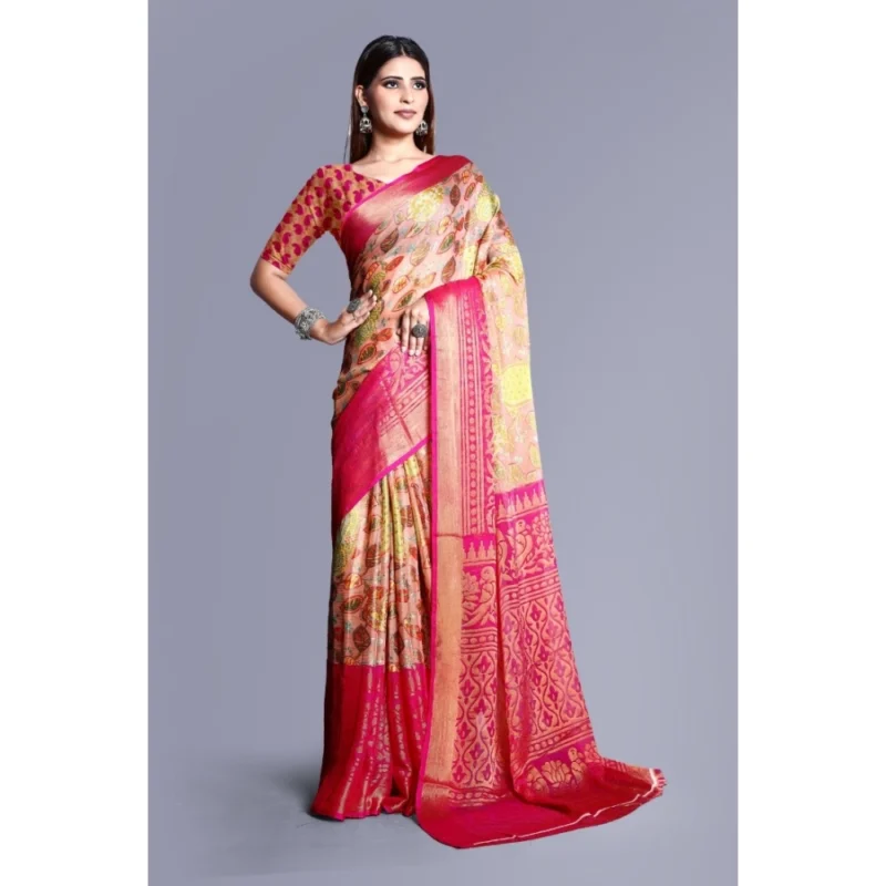 Generic Women's Viscose Rayon Printed Saree With Unstitched Blouse (Pink) - Image 4