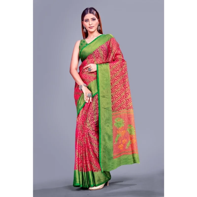 Generic Women's Viscose Rayon Printed Saree With Unstitched Blouse (Pink) - Image 5