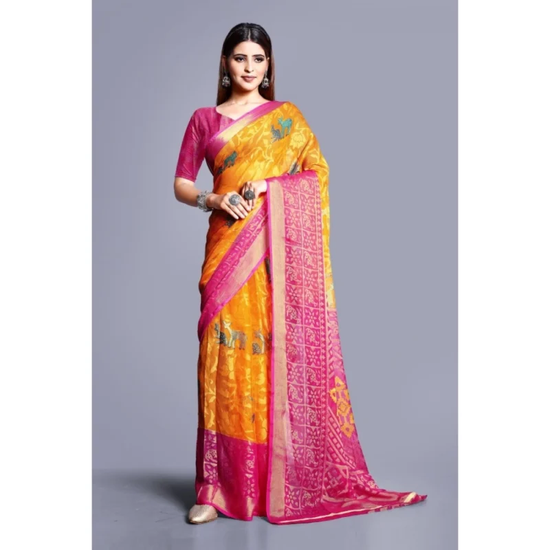 Generic Women's Viscose Rayon Printed Saree With Unstitched Blouse (Yellow) - Image 4