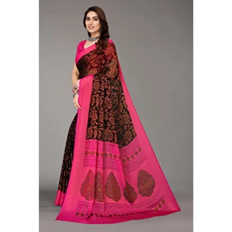 Generic Women's Viscose Rayon Printed Saree With Unstitched Blouse (Black) - Image 4