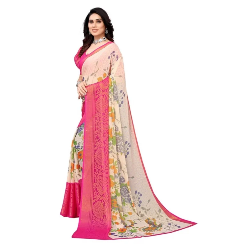 Generic Women's Viscose Rayon Printed Saree With Unstitched Blouse (Pink) - Image 3