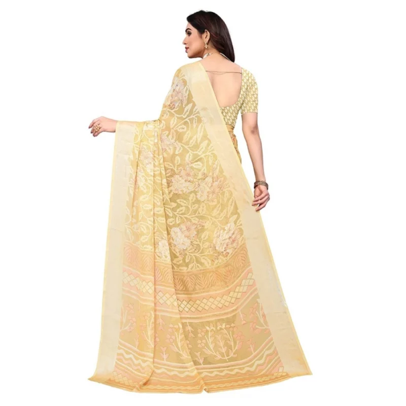 Generic Women's Viscose Rayon Printed Saree With Unstitched Blouse (Yellow) - Image 4
