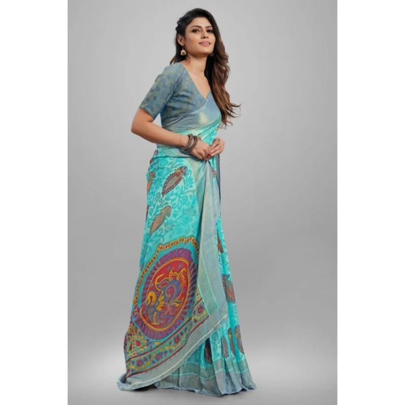 Generic Women's Viscose Rayon Printed Saree With Unstitched Blouse (Sky Blue) - Image 4