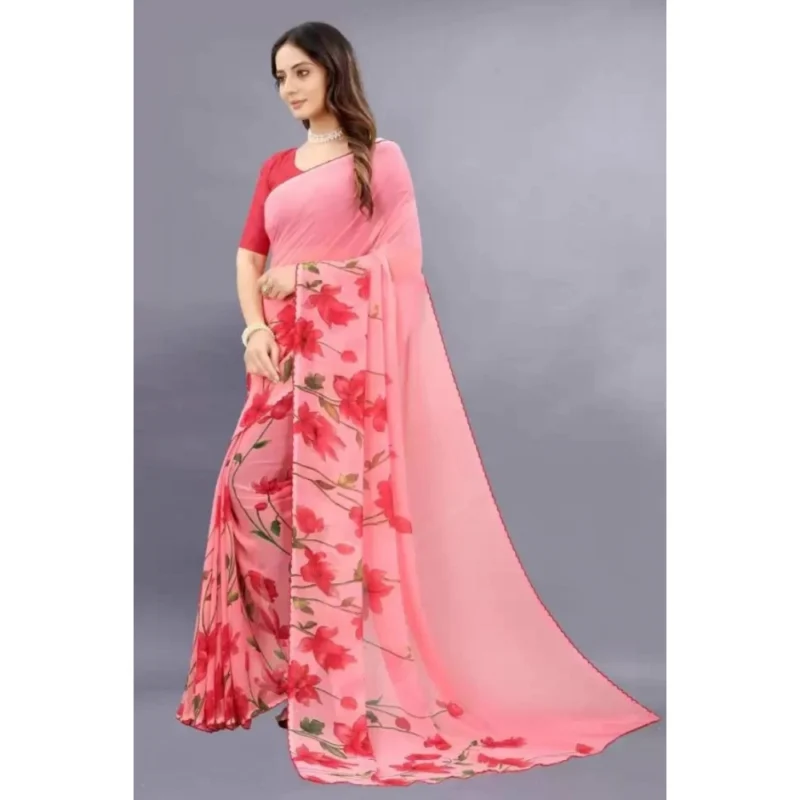 Generic Women's Georgette Printed Saree With Unstitched Blouse (Red) - Image 3