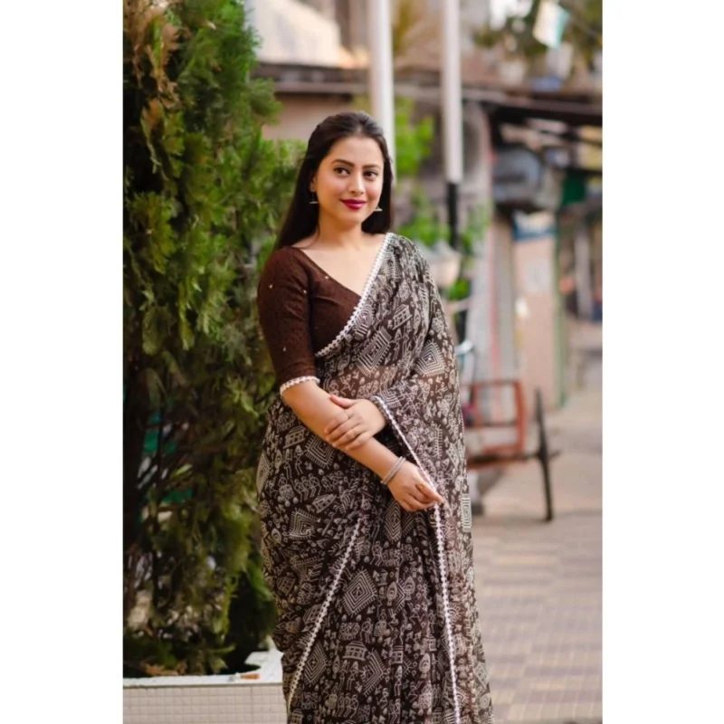 Generic Women's Georgette Printed Saree With Unstitched Blouse (Brown) - Image 3