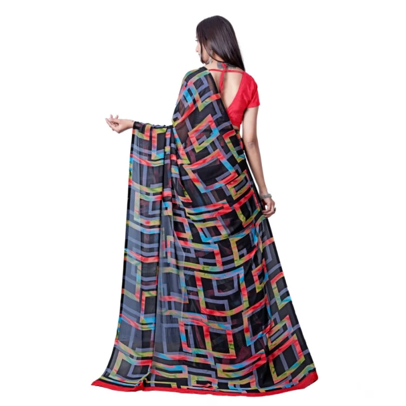 Generic Women's Georgette Printed Saree With Unstitched Blouse (Red) - Image 2