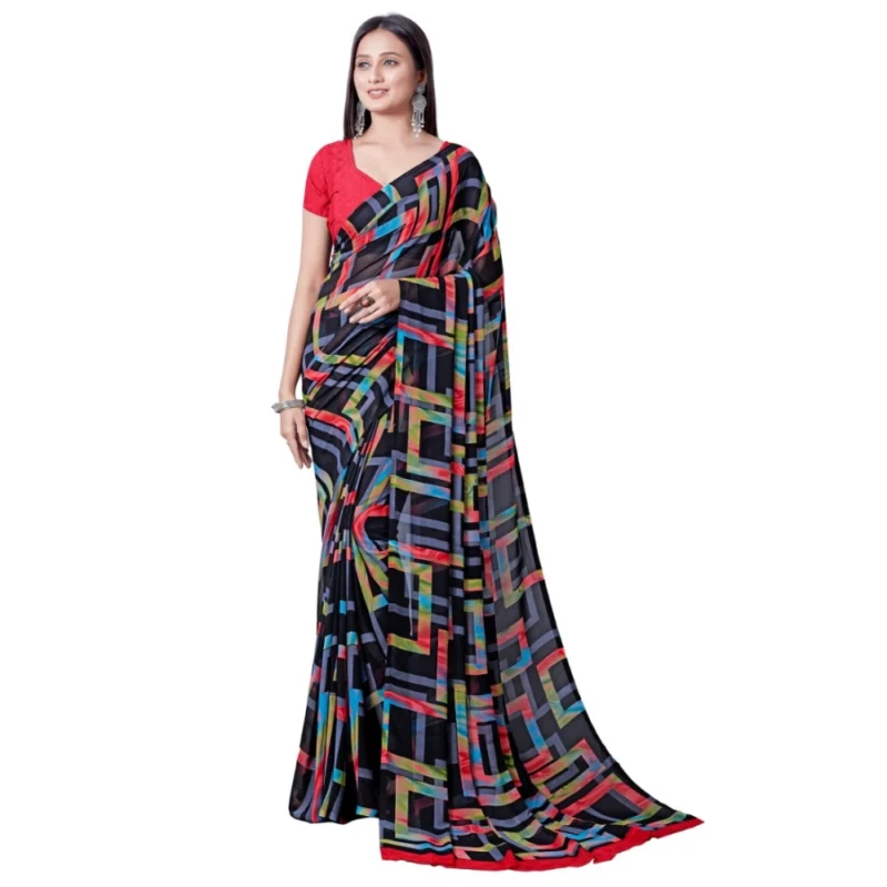 Generic Women's Georgette Printed Saree With Unstitched Blouse (Red) - Image 3