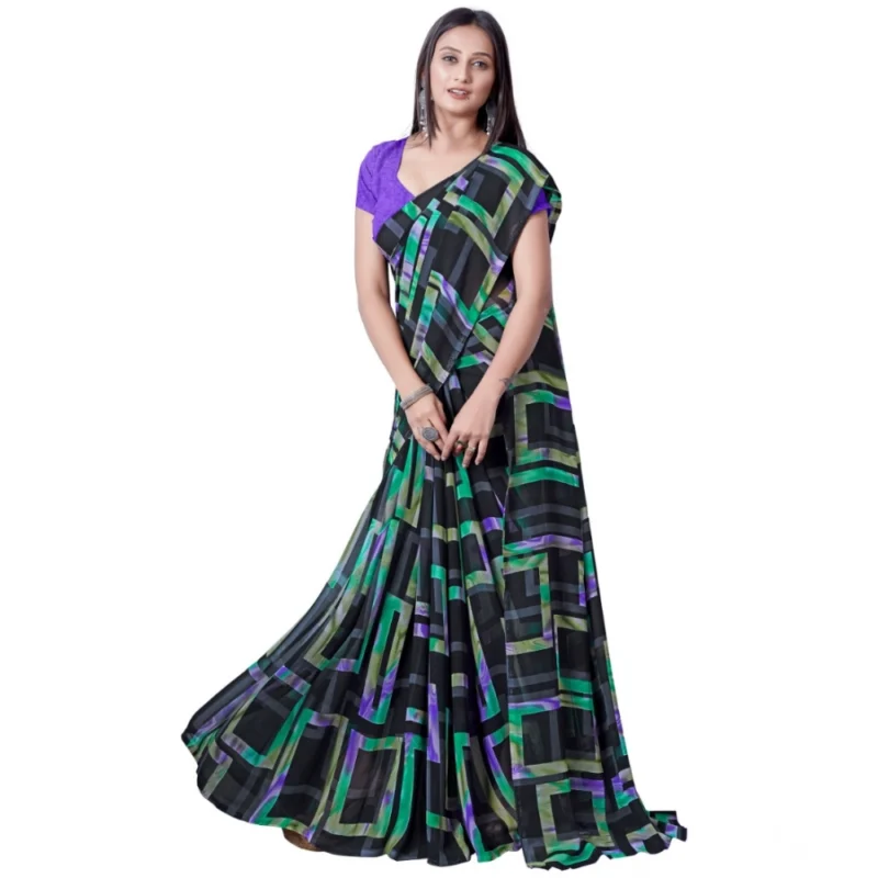 Generic Women's Georgette Printed Saree With Unstitched Blouse (Green) - Image 3