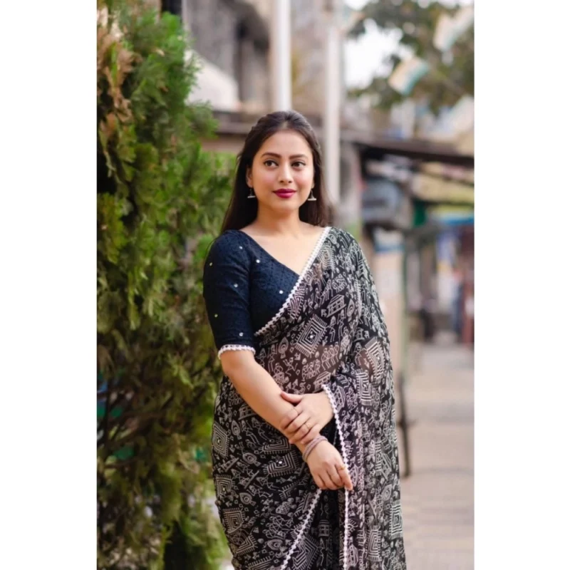 Generic Women's Georgette Printed Saree With Unstitched Blouse (Black) - Image 3