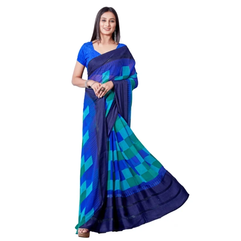 Generic Women's Satin Patta Printed Saree With Unstitched Blouse (Skyblue) - Image 2