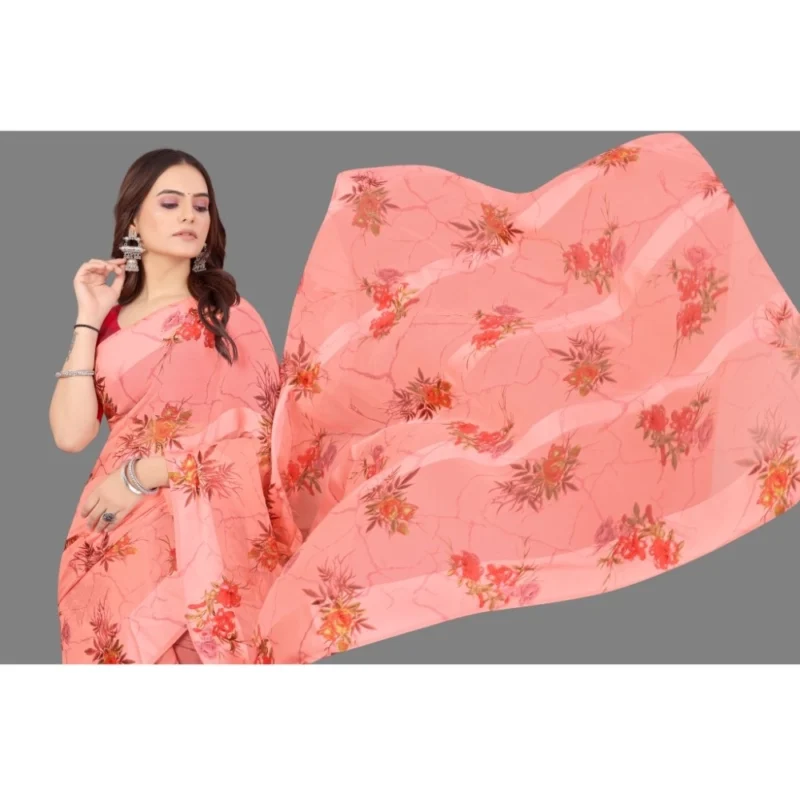 Generic Women's Satin Patta Printed Saree With Unstitched Blouse (Peach) - Image 2