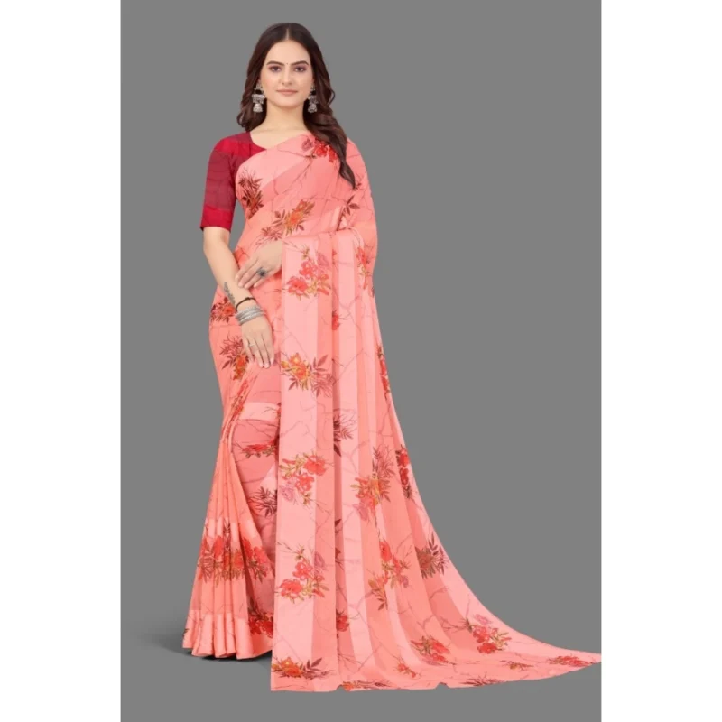 Generic Women's Satin Patta Printed Saree With Unstitched Blouse (Peach) - Image 3